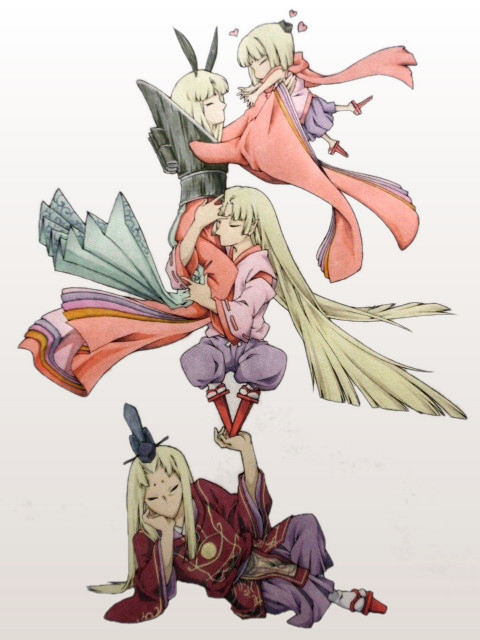 bamboo, blonde_hair, character_request, geta, hakama, japanese_clothes, kaguya, kuro_(okami)