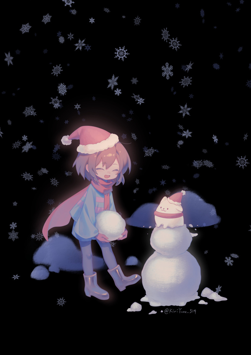 1other, ^_^, absurdres, annoying_dog, black_background, blue_sweater, brown_hair, closed_eyes