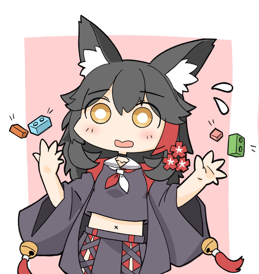 1girl, and_takashi, animal_ear_fluff, animal_ears, bell, black_choker, black_hair, black_jacket, black_shirt, black_shorts, bright_pupils, chibi, chibi_only, choker, commentary_request, cowboy_shot, crop_top, cross-laced_slit, double-parted_bangs, flipped_hair, flower, flying_sweatdrops, hair_flaps, hair_flower, hair_ornament, hair_tie, highres, hololive, hood, hood_down, hooded_jacket, jacket, jingle_bell, lego, long_hair, long_sleeves, multicolored_hair, neckerchief, official_alternate_costume, official_alternate_hair_length, official_alternate_hairstyle, ookami_mio, ookami_mio_(another_ookami_mio), open_clothes, open_jacket, open_mouth, red_neckerchief, red_streaks, shirt, short_shorts, shorts, side_slit, side_slit_shorts, solo, spiky_hair, streaked_hair, surprised, tassel, two-tone_neckerchief, virtual_youtuber, white_neckerchief, white_pupils, wide_sleeves, wolf_ears, x_navel, yellow_eyes