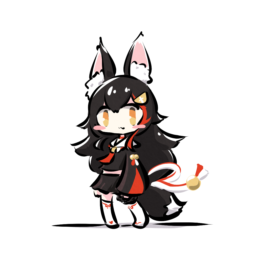 1girl, :3, animal_ear_fluff, animal_ears, bell, black_hair, black_serafuku, black_shirt