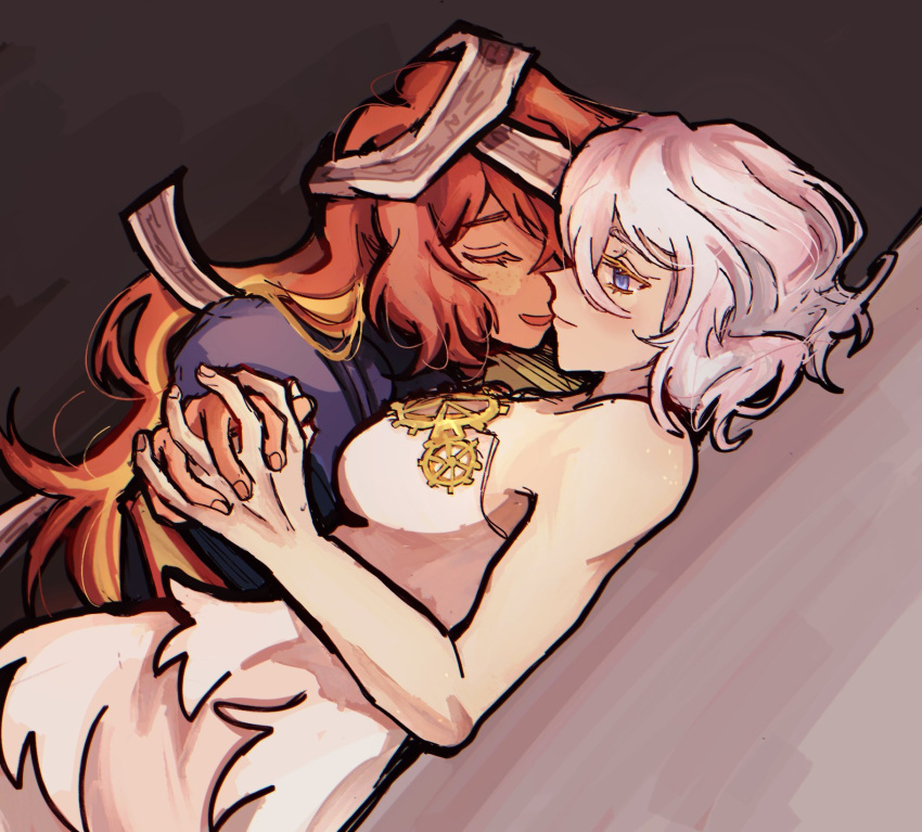 2girls, blue_eyes, clock_print, closed_eyes, dress, everlasting_(e.g.o), faust_(project_moon), grey_background