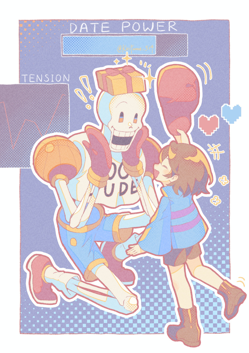 !, !!, +++, 1boy, 1other, ^_^, absurdres, alternate_costume, baseball_cap, blue_background, blue_shorts, blue_sweater, bone, border, box, brown_eyes, brown_hair, brown_shorts, closed_eyes, frisk_(undertale), full_body, gift, gift_box, gloves, hat, heart, highres, holding, holding_unworn_clothes, holding_unworn_hat, kiriyume, object_on_head, on_one_knee, open_mouth, outline, outside_border, papyrus_(undertale), pixel_heart, progress_bar, red_gloves, red_hat, red_shoes, shirt, shoes, short_hair, shorts, skeleton, smile, sparkle, sweater, undertale, unworn_hat, unworn_headwear, white_border, white_outline, white_shirt