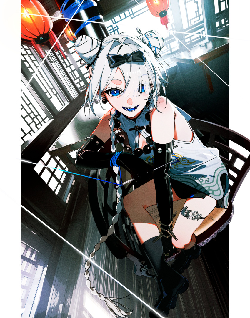 1girl, :d, absurdres, bare_shoulders, bead_necklace, beads, black_boots, black_bow