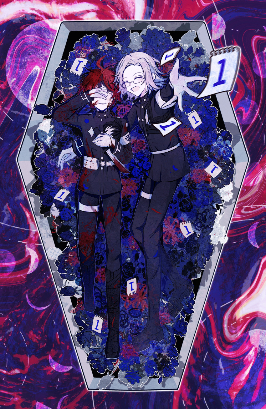 2boys, :d, absurdres, ahoge, aotsuki_eito, armband, belt, black_streaks