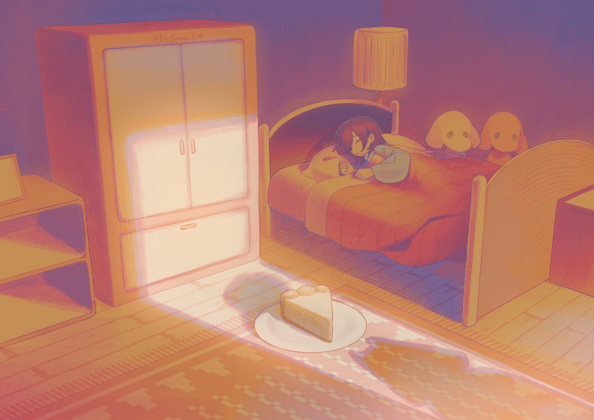 1other, absurdres, bed, brown_hair, carpet, closed_eyes, crack_of_light, food
