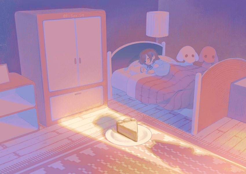 1other, absurdres, bed, brown_hair, carpet, closed_eyes, crack_of_light, food
