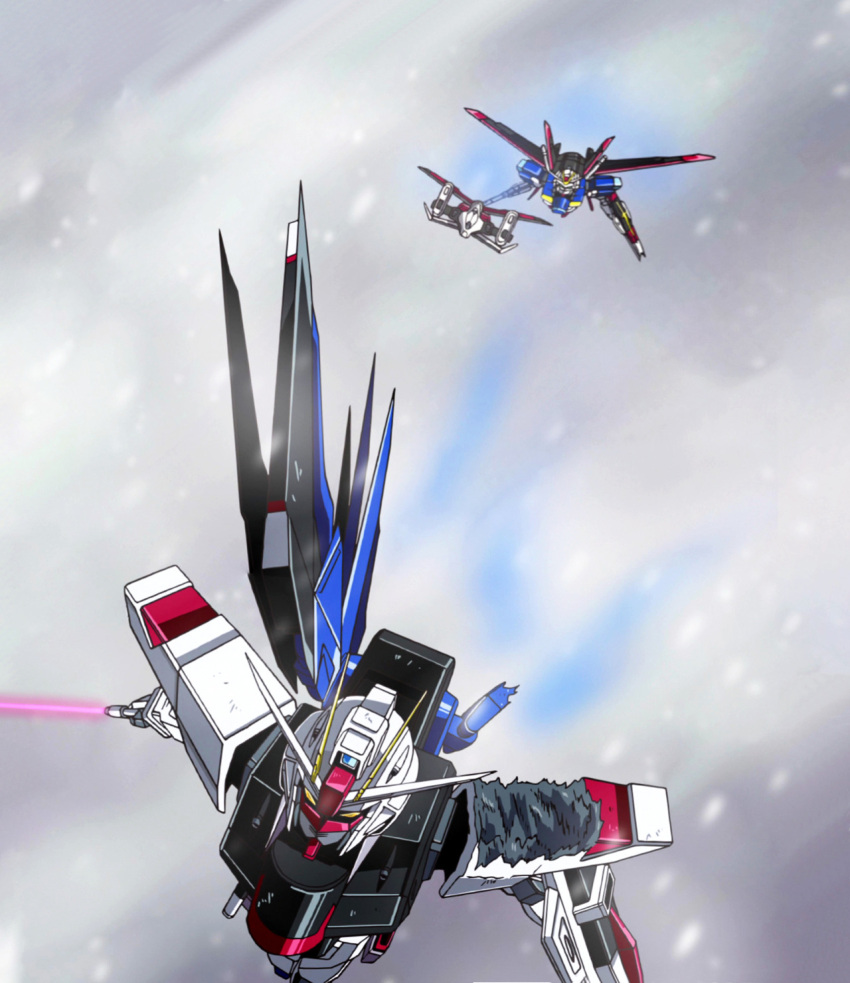 artificial_eye, artist_request, battle_damage, beam_cannon, beam_rifle, blue_sky, damaged, energy_gun
