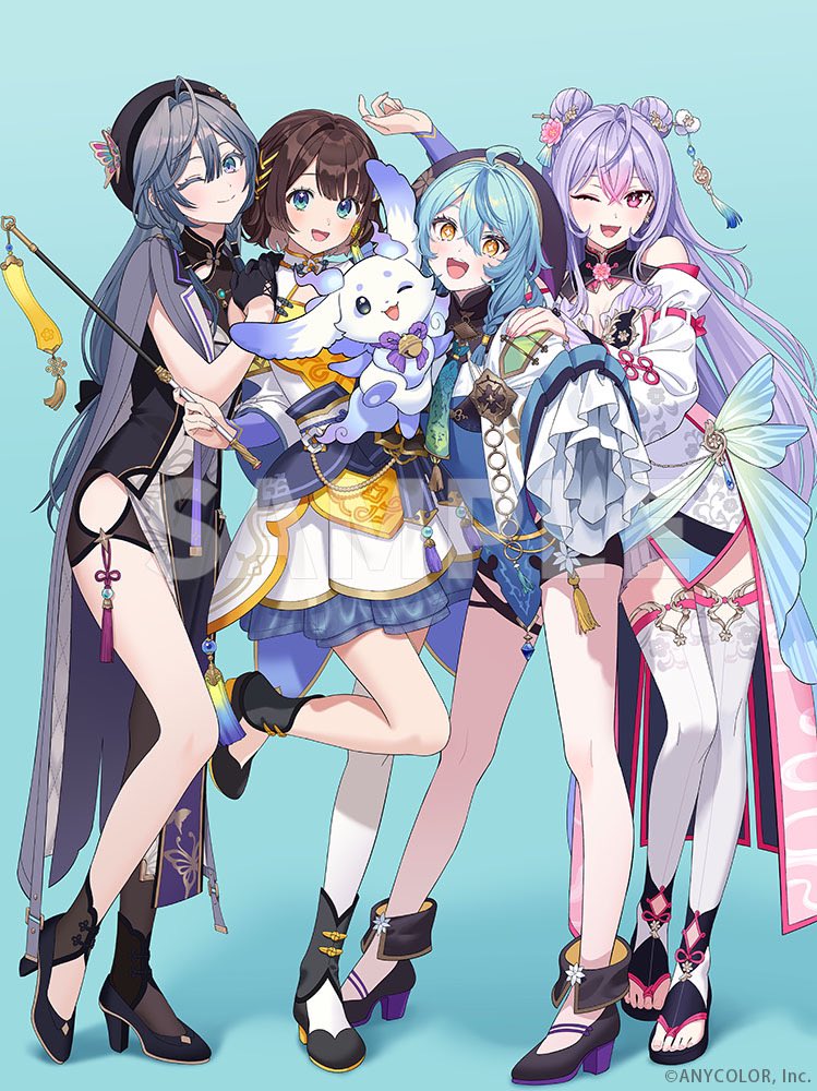 +_+, 1other, 4girls, :d, ;3, ;d, ahoge, aqua_background, aqua_hair, arm_up, arm_warmers, ayakaki_(nijisanji), bell, beret, black_boots, black_bow, black_bra, black_dress, black_gloves, black_hat, black_pantyhose, black_sandals, black_shoes, black_shorts, blue_eyes, blue_hair, blue_sash, blush, boots, bow, bra, bra_over_clothes, braid, braided_sidelocks, brown_hair, butterfly_hat_ornament, cape, china_dress, chinese_clothes, cleavage_cutout, closed_mouth, clothing_cutout, colored_bangs, commentary_request, company_name, copyright_notice, crossed_bangs, detached_collar, detached_sleeves, double_bun, dress, earrings, eyelashes, fingernails, floral_print, flower, flower_earrings, frilled_dress, frilled_sleeves, frills, gloves, gold_earrings, gold_trim, gradient_hair, green_eyes, grey_cape, grey_hair, hair_between_eyes, hair_bow, hair_bun, hair_flower, hair_intakes, hair_ornament, hair_ribbon, hair_stick, half_gloves, hand_on_another's_shoulder, hands_on_another's_shoulder, hat, hat_ornament, high_heel_boots, high_heels, hip_vent, holding, jewelry, jingle_bell, kisara_(1st_costume)_(nijisanji), kisara_(nijisanji), kozue_mone, kozue_mone_(1st_costume), layered_dress, leg_up, long_hair, looking_at_viewer, low-tied_long_hair, lunlun_(nijisanji), mandarin_collar, mole, mole_under_mouth, moya_(toatomoot), multicolored_dress, multicolored_eyes, multicolored_hair, multiple_girls, nail_polish, neck_bell, nijisanji, official_art, one_eye_closed, open_mouth, panchang_knot, pantyhose, parted_bangs, pelvic_curtain, pink_dress, pink_eyes, pink_flower, pink_hair, pink_nails, purple_arm_warmers, purple_hair, ribbon, ribbon_braid, sandals, sash, shadow, shiga_riko, shiga_riko_(1st_costume), shoes, short_hair, short_shorts, shorts, shoulder_cutout, shrug_(clothing), sidelocks, simple_background, single_earring, single_leg_pantyhose, sleeves_past_fingers, sleeves_past_wrists, smile, standing, standing_on_one_leg, streaked_hair, tamanoi_nana, tamanoi_nana_(1st_costume), tassel, tassel_earrings, tassel_hair_ornament, teeth, thigh-highs, toenail_polish, toenails, two_side_up, underwear, upper_teeth_only, very_long_hair, very_long_sleeves, violet_eyes, virtual_youtuber, white_dress, white_sleeves, white_thighhighs, wide_sleeves, yellow_dress, yellow_eyes, zhuang_hat