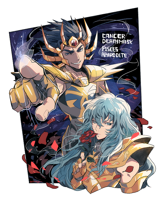 2boys, armor, black_hair, blue_eyes, blue_hair, cancer_death_mask, character_name, evil_grin