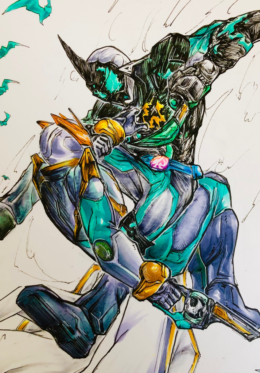 2boys, aqua_eyes, armor, bat_(animal), bat_genome, black_armor, blue_eyes, bodysuit, boots, evilblade, gloves, glowing, gun, helmet, highres, holding, holding_weapon, horns, kamen_rider, kamen_rider_evil, kamen_rider_live, kamen_rider_revice, livegun, looking_at_viewer, male_focus, multiple_boys, rat0116ebi, rider_belt, silver_gloves, simple_background, single_horn, splatter, splatter_print, sword, tokusatsu, two_sidriver, vistamp, weapon, white_armor, white_background, wings
