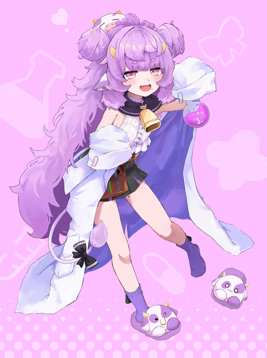 1girl, animal_ears, animal_slippers, bell, bow, commission, cow_ears, cow_girl, cow_horns, cow_tail, cowbell, double_bun, fangs, hair_bun, highres, horns, lab_coat, long_hair, looking_at_viewer, mini_moo_(muu_muyu), mole, mole_on_thigh, mole_under_mouth, muu_muyu, open_mouth, phase_connect, pink_eyes, purple_hair, purple_socks, ryoha_kosako, skeb_commission, skin_fangs, sleeves_past_fingers, sleeves_past_wrists, slippers, smile, socks, solo, tail, tail_bow, tail_ornament, very_long_hair, virtual_youtuber