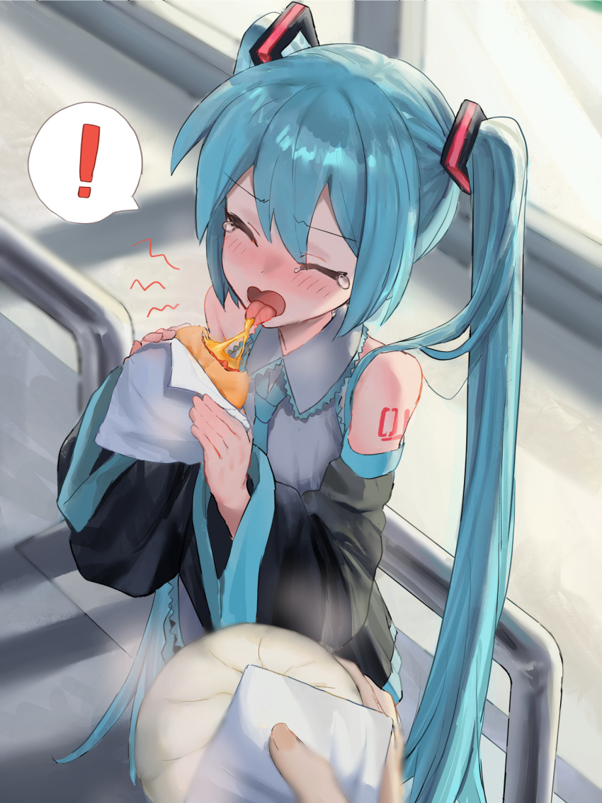 !, 1girl, 1other, against_railing, aqua_hair, aqua_necktie, aqua_trim, automatic_door, bare_shoulders, black_skirt, black_sleeves, blush, burnt_tongue, closed_eyes, collared_shirt, commentary, convenience_store, d:, detached_sleeves, fingernails, flat_chest, food, from_above, grey_shirt, hair_between_eyes, hair_tie, hatsune_miku, highres, holding, holding_food, kanimiso_uni, long_hair, necktie, number_tattoo, open_mouth, outdoors, pleated_skirt, pov, pov_hands, railing, shirt, shop, skirt, spoken_exclamation_mark, steam, steamed_bun, tattoo, tearing_up, tongue, tongue_out, twintails, v-shaped_eyebrows, very_long_hair, vocaloid, wide_sleeves