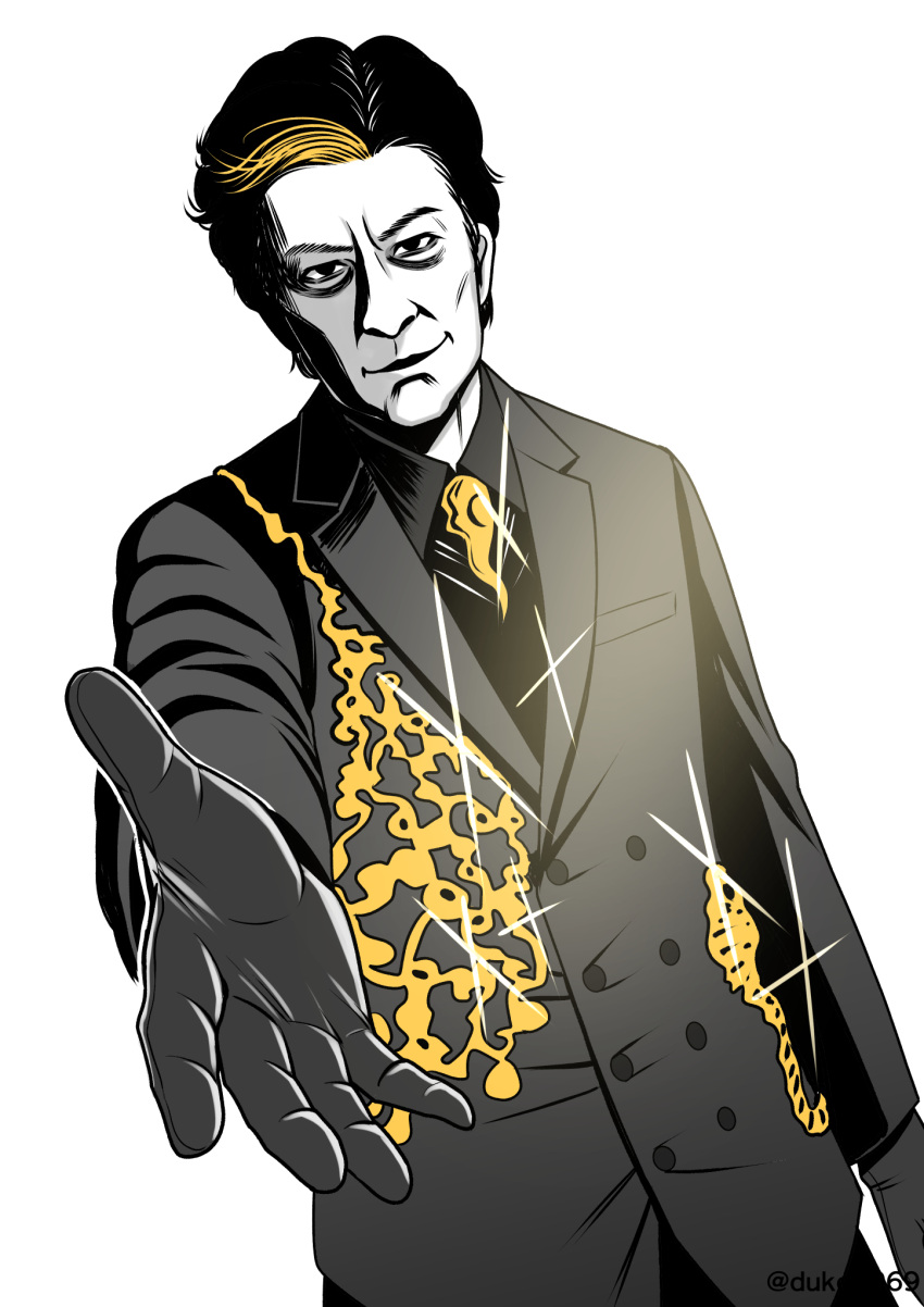 1boy, bags_under_eyes, benzene_seijin, black_gloves, black_hair, black_jacket, black_shirt, black_suit