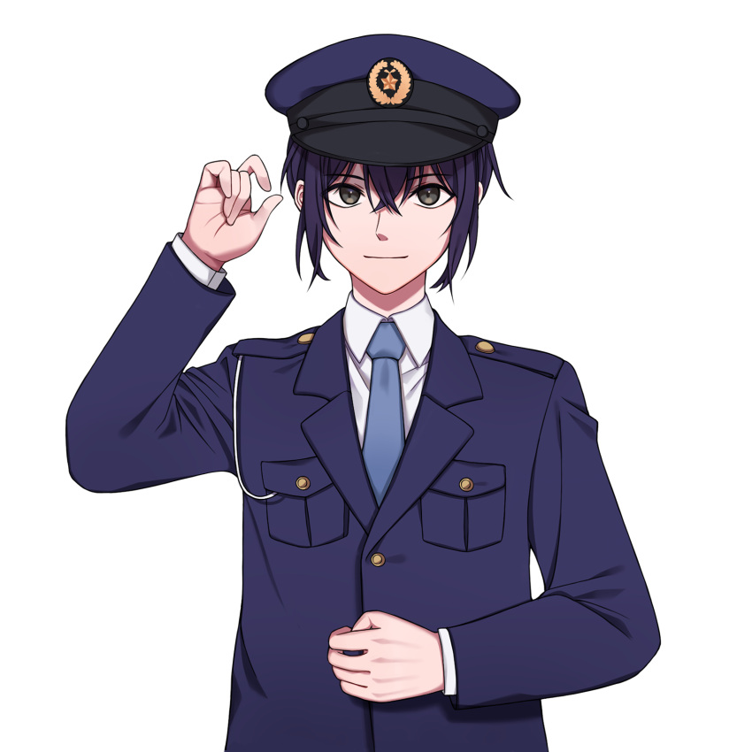 1boy, ash_(pixiv42587695), blue_eyes, blue_hair, blue_necktie, hat, highres, japan_national_police