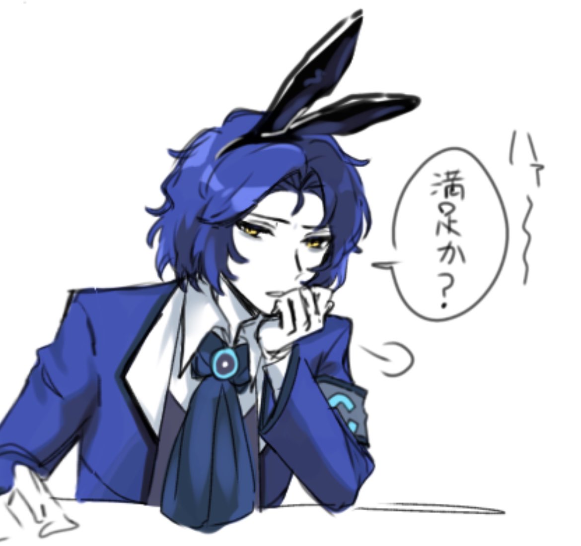 1boy, animal_ears, armband, ascot, blue_ascot, blue_coat, blue_hair, chesed_(project_moon)