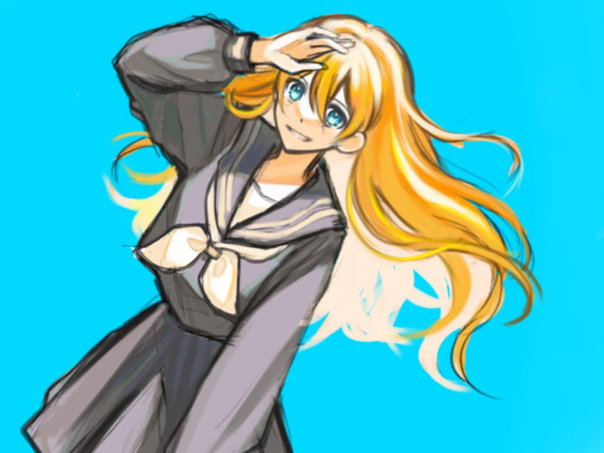 1girl, arm_up, black_serafuku, blue_background, blue_eyes, brown_hair, kaii_shoukougun, kajiro_yuka