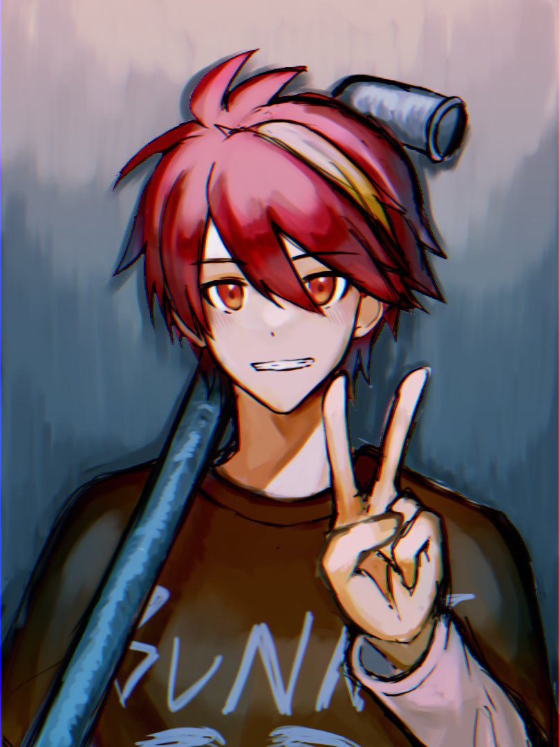 1boy, asadoke_no_majo, holding, holding_lead_pipe, layered_sleeves, lead_pipe, long_sleeves, multicolored_hair