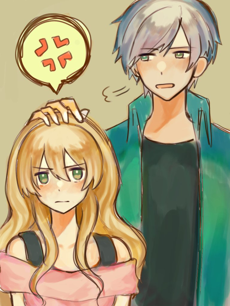 1boy, 1girl, anger_vein, angry, aqua_jacket, blonde_hair, green_eyes, grey_hair