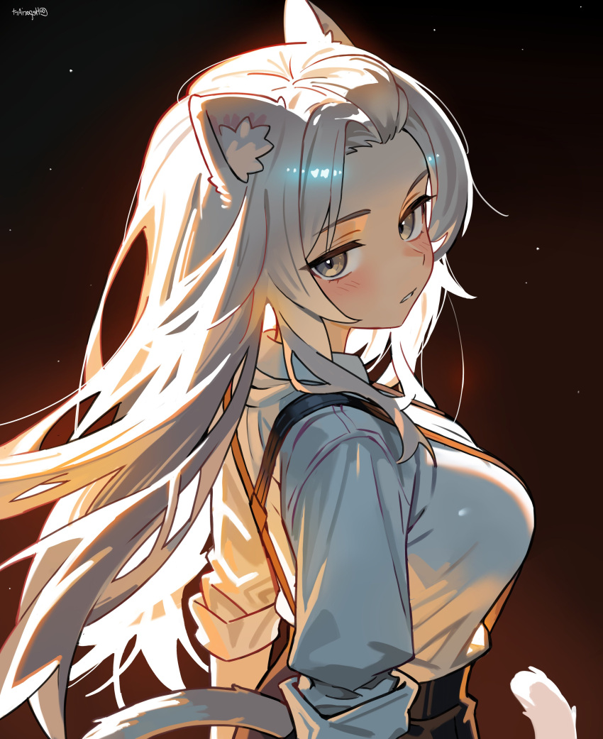 1girl, absurdres, animal_ears, bangs_pinned_back, black_pants, breasts, cat_ears, cat_girl