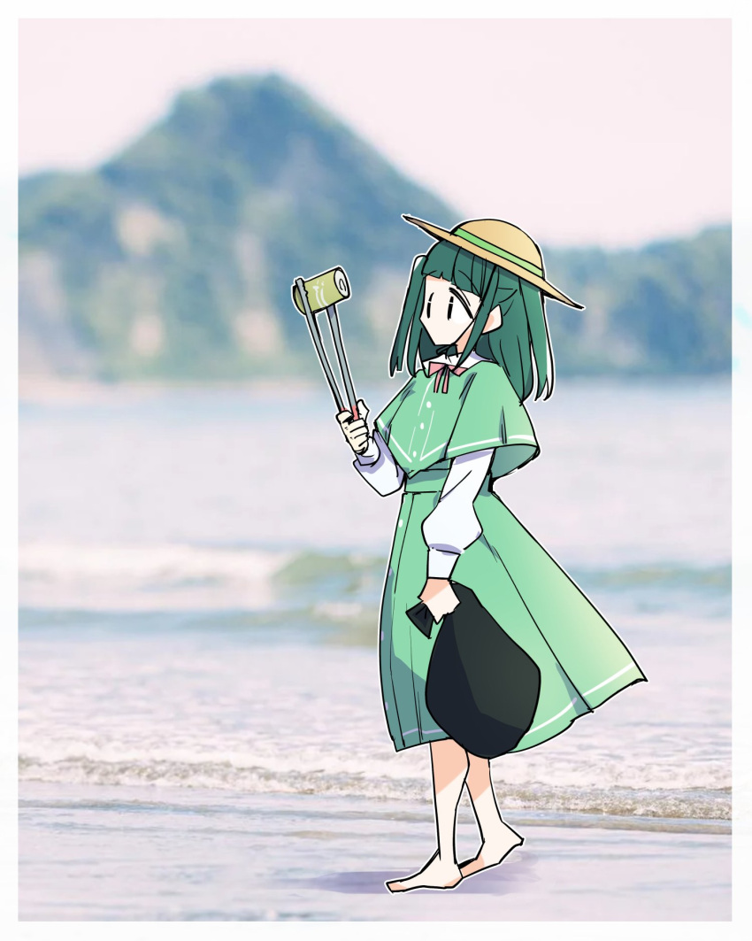 1girl, bag, barefoot, beach, border, can, commentary, dress