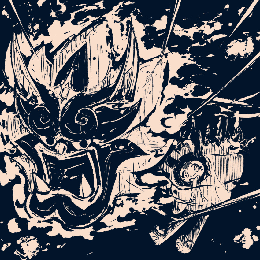 black_background, closed_mouth, commentary, fangs, greyscale, hatching_(texture), highres, mask