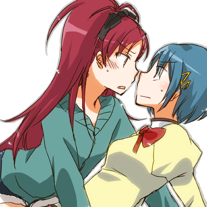 blue_eyes, blue_hair, blush, long_hair, mahou_shoujo_madoka_magica, miki_sayaka, multiple_girls, ponytail