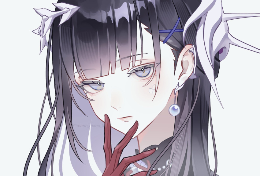 1girl, black_hair, blue_eyes, earrings, gloves, hair_ornament, hairclip, hand_on_own_face