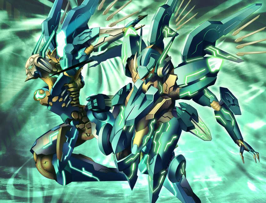 glowing, glowing_eyes, jehuty, mecha, naked_jehuty, neon_trim, no_humans, orbital_frame