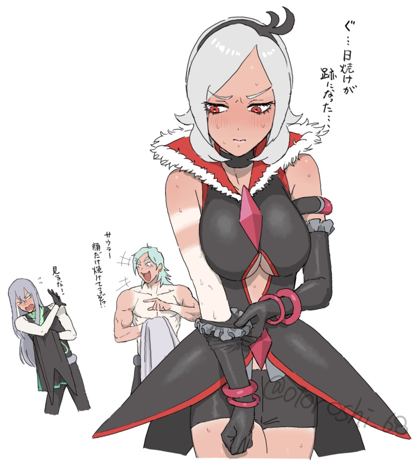 1girl, 2boys, abs, arm_cuffs, bare_legs, bare_shoulders, black_choker, black_gloves, black_pants, black_shorts, black_vest, blunt_bangs, blush, breasts, choker, cleavage_cutout, clothing_cutout, covering_face, diamond-shaped_brooch, eas_(fresh_precure!), elbow_gloves, embarrassed, exposed_muscle, fresh_precure!, frilled_gloves, frills, gloves, green_hair, grey_hair, half_gloves, headband, highres, holding, holding_cloak, holding_jacket, holding_unworn_clothes, jacket, laughing, long_hair, looking_to_the_side, mature_male, medium_hair, multiple_boys, muscular, muscular_male, open_mouth, otoroshi_68, pants, parted_bangs, pointing, pointing_at_another, precure, red_eyes, shorts, single_bare_arm, souler_(fresh_precure!), summer, sunburn, sweatdrop, tan, tanlines, teardrop, tearing_up, topless_male, twitter_username, unworn_jacket, upper_body, vest, wester_(fresh_precure!), white_background, wrist_cuffs