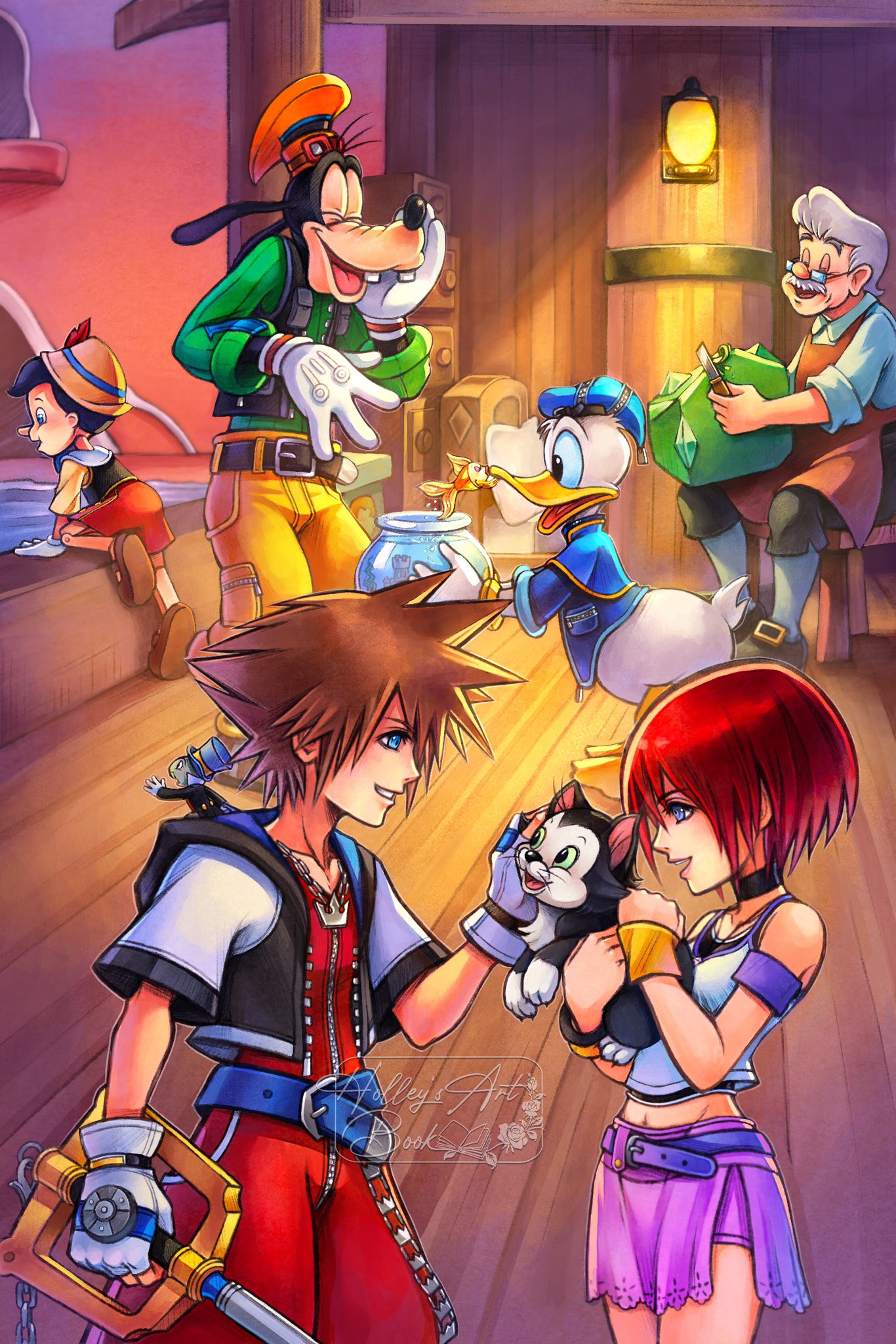 1girl, 6+boys, animal, apron, belt, belt_buckle, blue_belt, blue_eyes