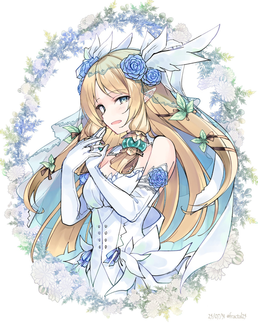 1girl, artist_name, bare_shoulders, blonde_hair, blue_flower, bridal_veil, dated, dress, elbow_gloves, elf, floral_background, flower, fractal_(fractal25), gloves, green_eyes, hair_flower, hair_ornament, highres, leaf_hair_ornament, long_hair, looking_at_viewer, margaret_(rune_factory), open_mouth, pointy_ears, rune_factory, rune_factory_4, see-through_clothes, see-through_veil, solo, twitter_username, upper_body, veil, wedding_dress, white_dress, white_gloves, white_veil