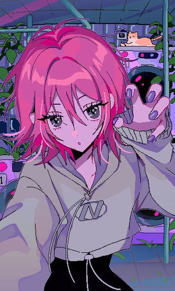 1girl, :o, black_dress, cat, collarbone, cropped_hoodie, dress, dress_under_hoodie, fingernails, ginger_strings_(kaiba_seichoutsuu)_(zutomayo), ginger_strings_(zutomayo), grey_eyes, grey_hoodie, hair_between_eyes, hood, hood_down, hoodie, jaggy_lines, kaiba_seichoutsuu_(zutomayo), long_sleeves, messy_hair, myon_(tokipi), nail_polish, nira-chan, nira-chan_(kaiba_seichoutsuu)_(zutomayo), pink_hair, pixel_art, plant, purple_nails, short_hair, washing_machine, zutto_mayonaka_de_ii_no_ni