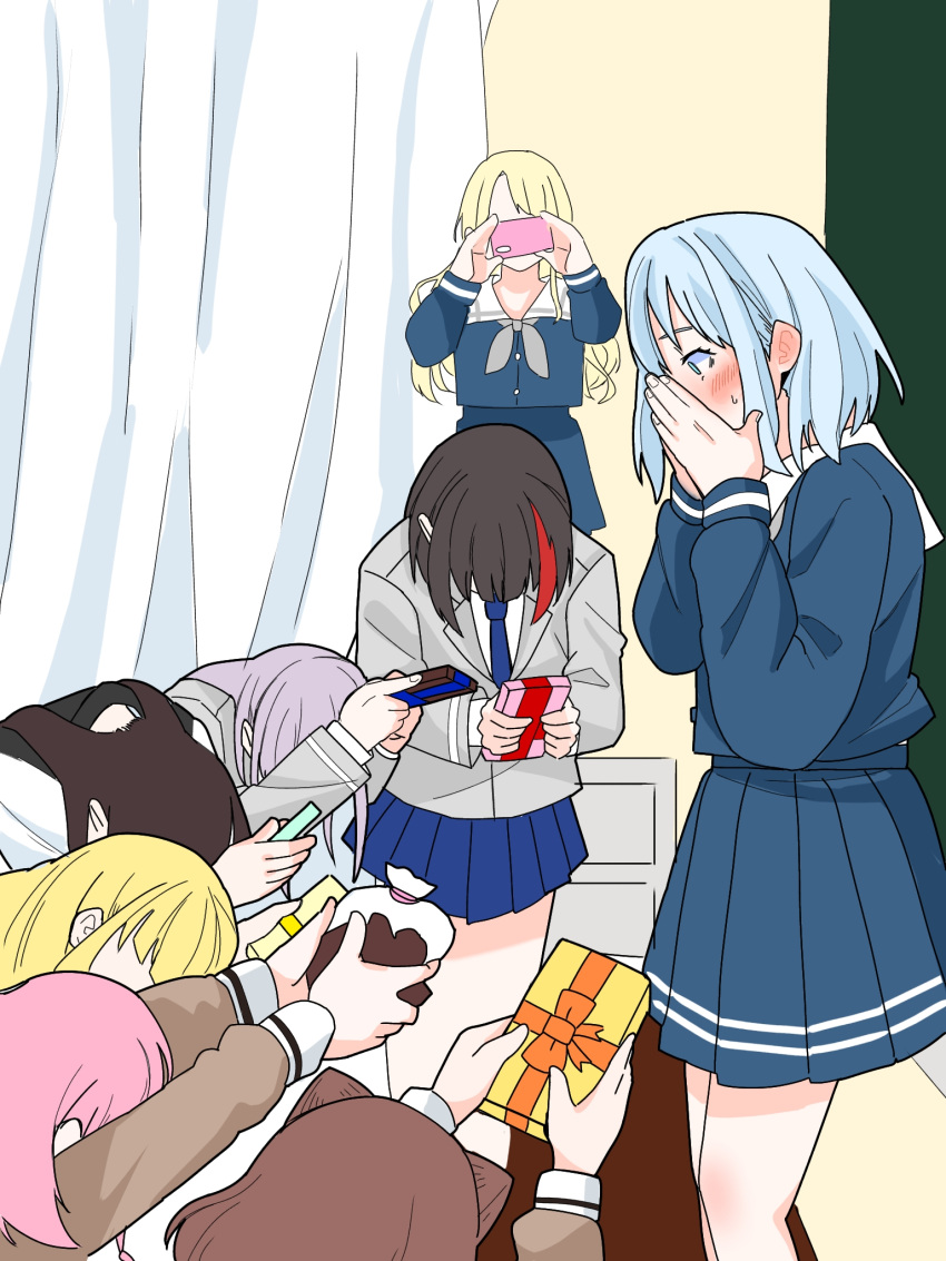 6+girls, bang_dream!, black_hair, blonde_hair, blue_hair, blue_necktie, blue_shirt, blue_skirt, brown_hair, commentary_request, cone_hair_bun, danshi_koukou_valentine_(meme), gift, grey_hair, grey_jacket, hair_bun, hanasakigawa_school_uniform, haneoka_school_uniform, highres, jacket, kurata_mashiro, long_hair, long_sleeves, maruyama_aya, medium_hair, minato_yukina, mitake_ran, multiple_girls, nanami_(nunnun_0410), necktie, pink_hair, pleated_skirt, red_streaks, school_uniform, shirasagi_chisato, shirt, skirt, taking_picture, toyama_kasumi, tsukino_usagi, tsurumaki_kokoro, valentine, wakana_rei