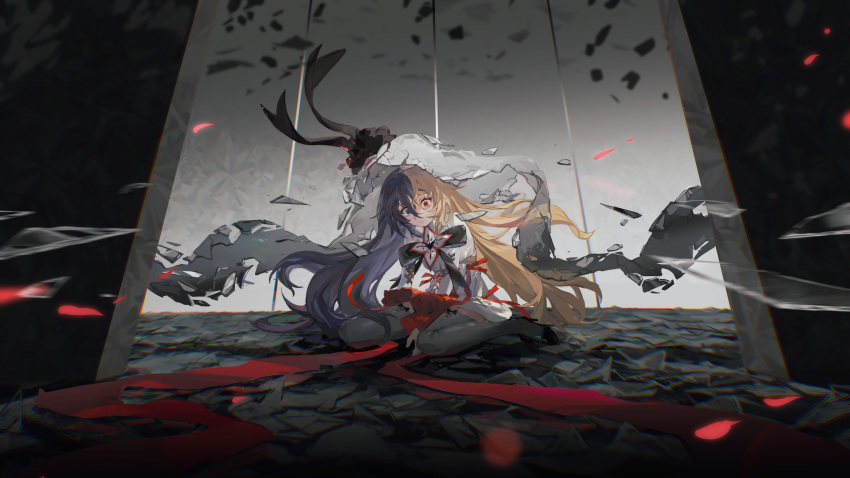 absurdres, arcaea, artist_request, black_bow, black_bowtie, black_eyes, black_hair, blonde_hair