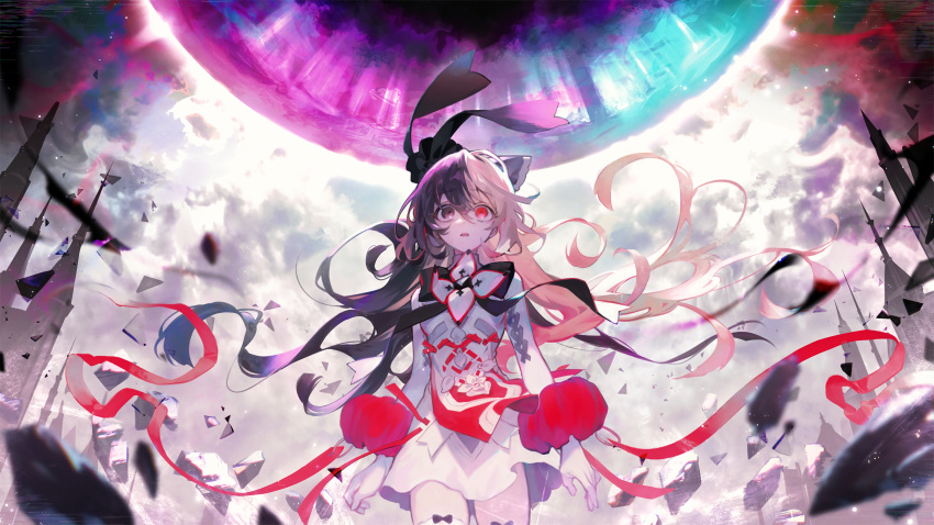 :o, absurdres, arcaea, artist_request, black_bow, black_bowtie, black_eyes, black_hair, blonde_hair, boots, bow, bowtie, breasts, colorful, dress, flower, from_below, game_cg, glass_shards, hair_between_eyes, heterochromia, highres, long_hair, looking_at_object, maya_(arcaea), medium_breasts, multicolored_bow, multicolored_hair, non-web_source, petals, red_eyes, red_ribbon, ribbon, shirt, sidelocks, sleeve_cuffs, solo, two-tone_hair, upper_body, very_long_hair, white_bow, white_dress, white_flower, white_petals, white_sleeves