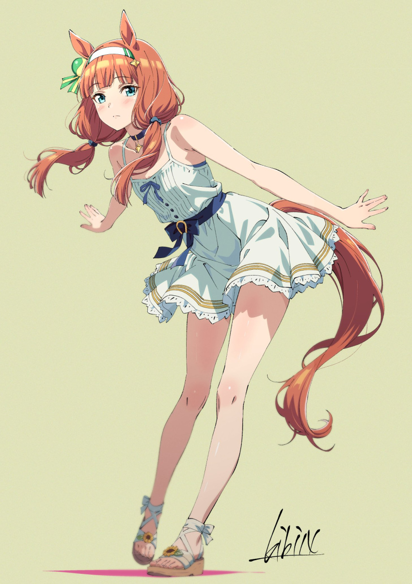 1girl, animal_ears, bare_legs, blue_choker, blue_eyes, blue_ribbon, blunt_bangs, blush, choker, closed_mouth, commentary_request, dress, dress_ribbon, feet, flat_chest_joke, frown, full_body, green_background, hair_over_shoulder, hair_ribbon, hairband, highres, horse_ears, horse_girl, horse_tail, kibidango_14-gou, leaning_forward, legs, long_hair, looking_at_viewer, low_twintails, orange_hair, orange_tail, outstretched_arms, ribbon, sandals, shadow, short_dress, silence_suzuka_(umamusume), simple_background, sleeveless, sleeveless_dress, solo, sphere_hair_ornament, spread_arms, standing, striped_ribbon, tail, toes, twintails, umamusume, white_dress, white_hairband