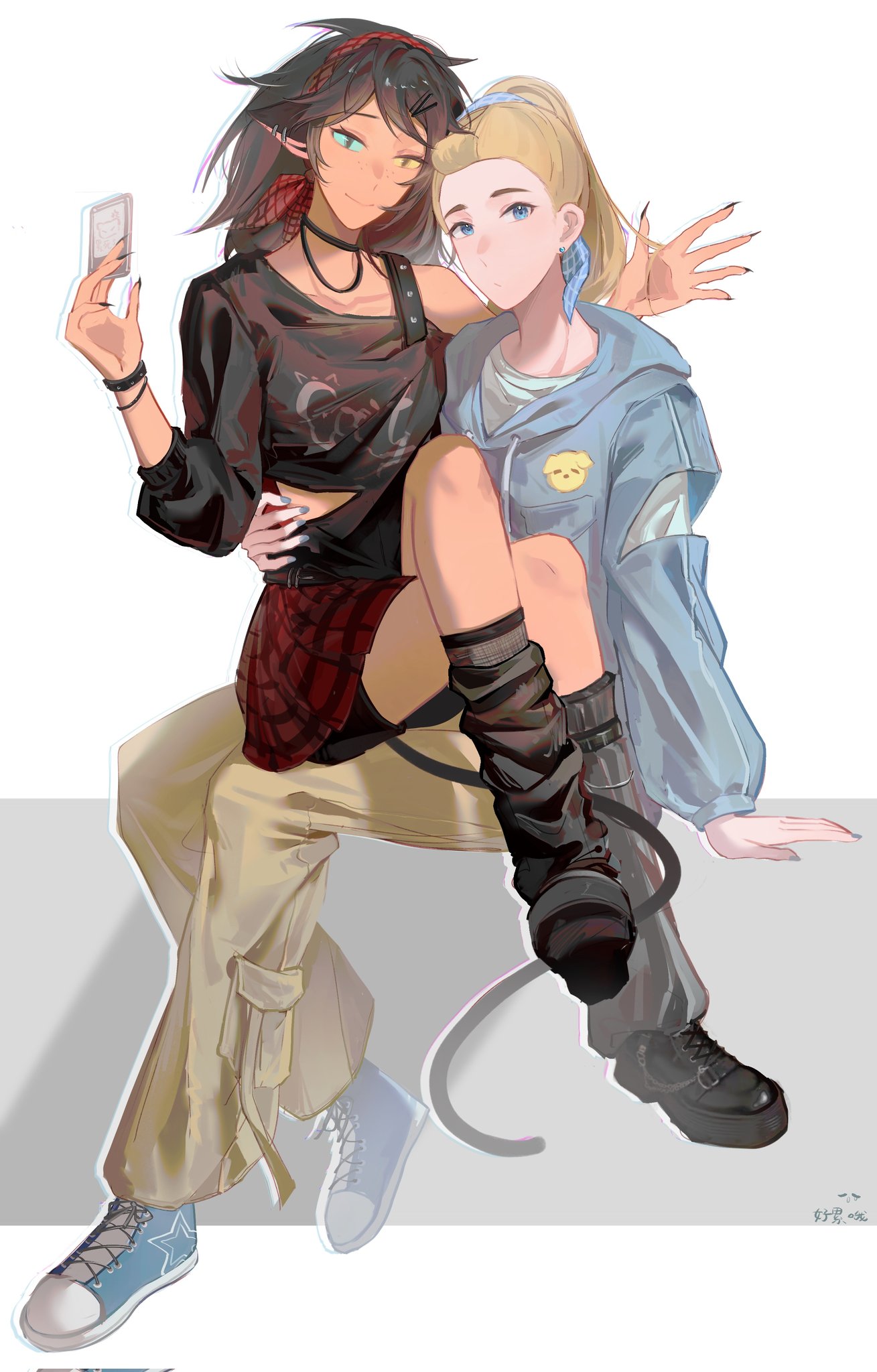 2girls, adora_(she-ra), animal_ears, black_hair, blonde_hair, casual, cat_ears, cat_girl, cat_tail, catra, contemporary, heterochromia, highres, looking_at_viewer, masters_of_the_universe, multiple_girls, ponytail, she-ra_and_the_princesses_of_power, shoes, sitting, sitting_on_lap, sitting_on_person, smile, sneakers, tail, youliqy, yuri