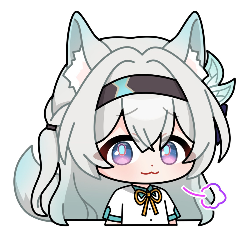 1girl, :3, animal_ears, blue_ribbon, brown_hairband, buttons, closed_mouth, collared_shirt