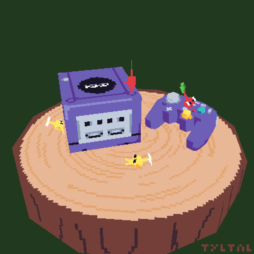 animated, animated_gif, black_eyes, blue_pikmin, blue_skin, clinging, colored_skin, commentary, controller, english_commentary, flower, game_console, game_controller, gamecube, green_background, jumping, leaf, looping_animation, low_poly, lying, meta, on_stomach, pikmin_(creature), pikmin_(series), pikmin_1, pixel_art, pointy_ears, red_pikmin, red_skin, simple_background, tree_stump, tyltal, white_flower, yellow_pikmin, yellow_skin