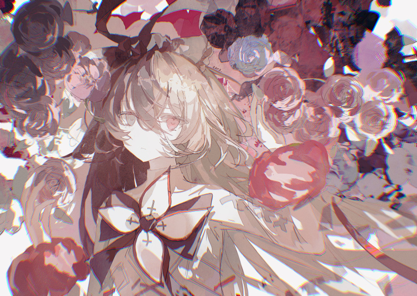 1girl, absurdres, arcaea, black_bow, black_bowtie, black_eyes, black_hair, blonde_hair, bow, bowtie, breasts, flower, hair_between_eyes, heterochromia, highres, lacrymira_0, long_hair, maya_(arcaea), medium_breasts, multicolored_bow, multicolored_hair, red_eyes, red_ribbon, ribbon, shirt, sidelocks, sleeve_cuffs, solo, two-tone_hair, upper_body, very_long_hair, white_bow, white_flower, white_petals, white_shirt, white_sleeves