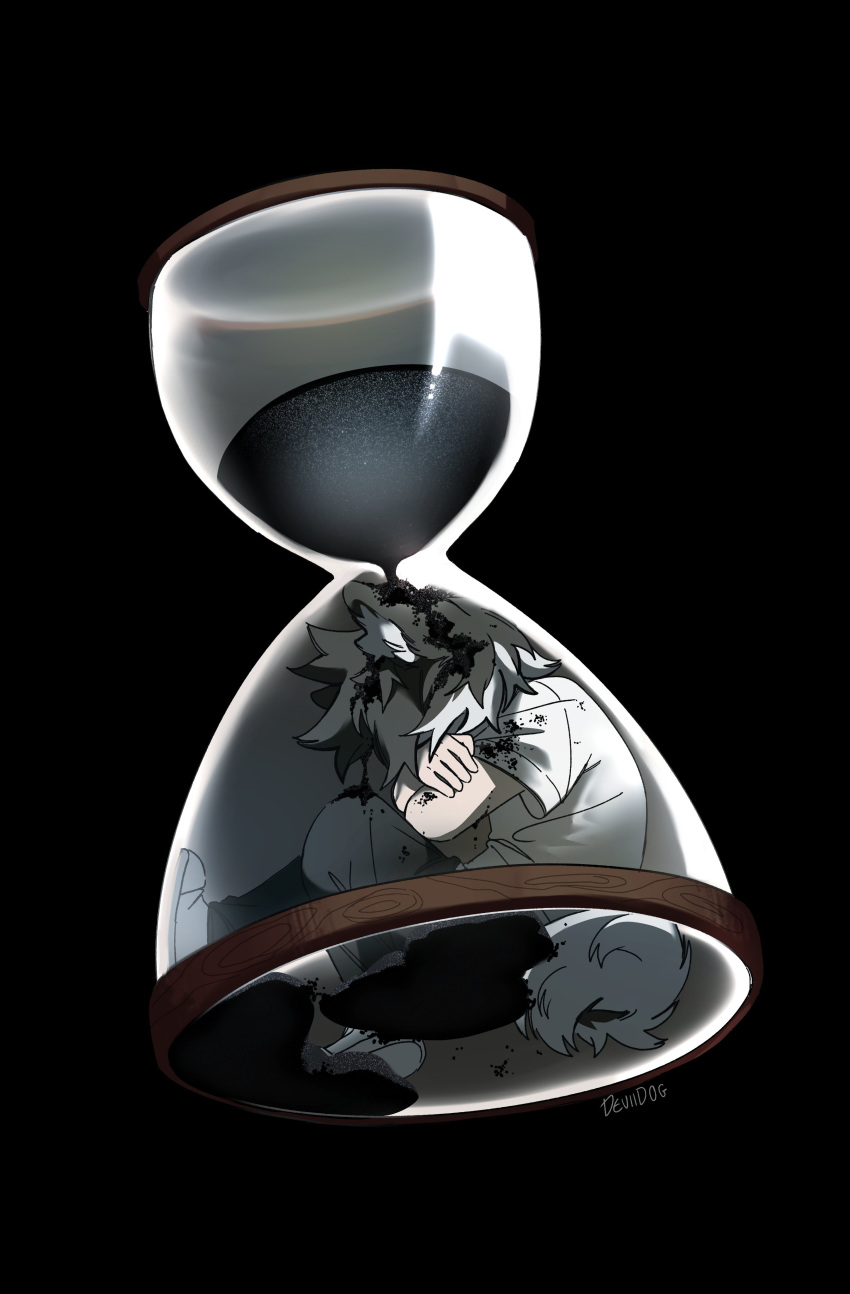 1boy, absurdres, animal_ears, black_background, black_hair, black_sand, commentary, deviidog0