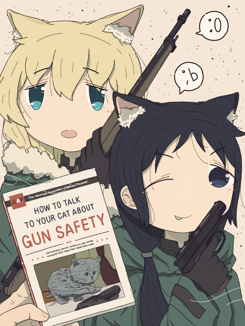 2girls, :o, ;b, black_eyes, black_hair, blonde_hair, blue_eyes, book