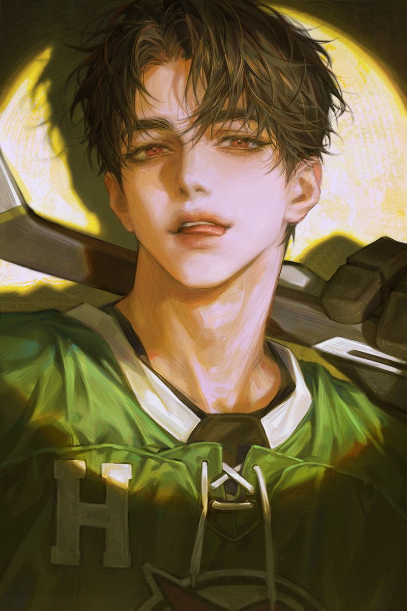 1boy, adam's_apple, aegyo_sal, brown_hair, character_request, copyright_request, eyes_visible_through_hair, green_jacket