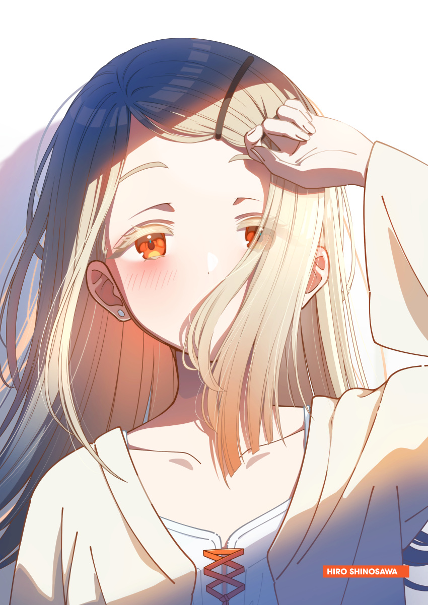 1girl, absurdres, arm_up, blonde_hair, blush, camisole, character_name, collarbone