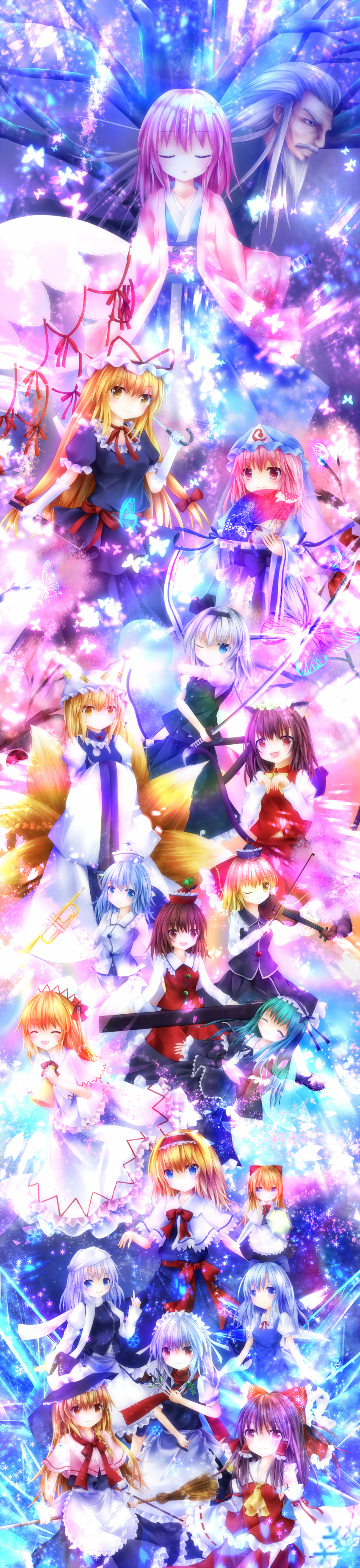 1boy, 6+girls, absurdres, alice_margatroid, animal_ear_piercing, animal_ears, animal_hat, apron