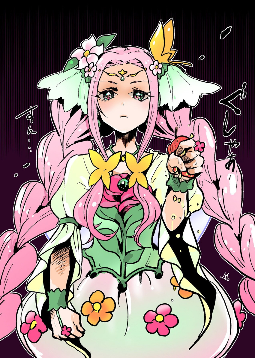 1girl, apple, braid, bubble_skirt, butterfly_brooch, choker, crushing, crushing_food, cure_felice, flower, flower_in_eye, food, fruit, green_choker, green_wrist_cuffs, hair_flower, hair_ornament, highres, holding, holding_food, holding_fruit, long_hair, mahou_girls_precure!, morinaga_ayami, pink_hair, precure, simple_background, skirt, solo, symbol_in_eye, twin_braids, wrist_cuffs