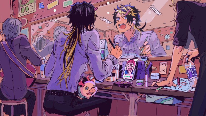4boys, :o, aimono_jyushi, applying_makeup, ascot, bag, bangs_pinned_back, belt