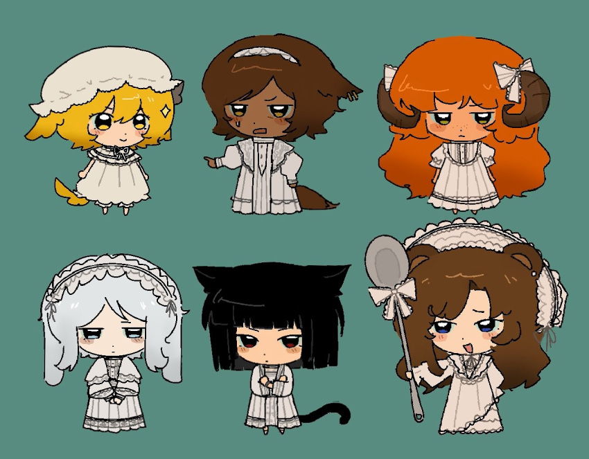 6+girls, :d, alternate_costume, animal_ears, bear_ears, bear_girl, black_hair, blonde_hair, blue_eyes, bonnet, bow, brown_eyes, brown_hair, cat_ears, cat_girl, cat_tail, chibi, dark-skinned_female, dark_skin, dog_ears, dog_girl, dog_tail, don_quixote_(project_moon), dress, earrings, faust_(project_moon), fox_ears, fox_girl, fox_tail, full_body, green_background, hairband, hat, herbbbbby, holding, holding_spoon, horns, ishmael_(project_moon), jewelry, limbus_company, long_hair, looking_at_viewer, maid_headdress, multiple_girls, orange_hair, outis_(project_moon), project_moon, rabbit_ears, rabbit_girl, red_eyes, rodion_(project_moon), ryoshu_(project_moon), sheep_girl, sheep_horns, short_hair, simple_background, smile, spoon, standing, sweatdrop, tail, white_bonnet, white_bow, white_dress, white_hair, white_hairband, white_hat, yellow_eyes