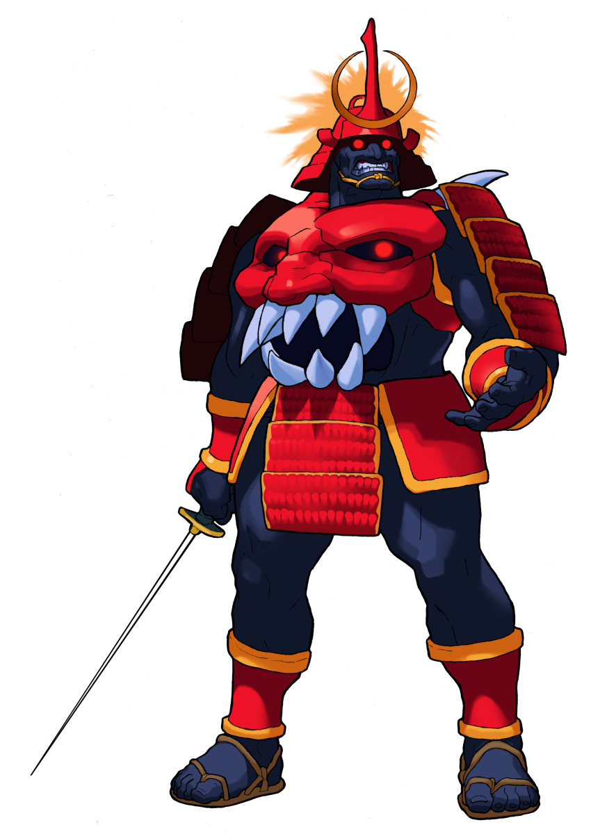1boy, absurdres, arm_at_side, armor, bengus, bishamon_(darkstalkers), black_skin, clenched_teeth
