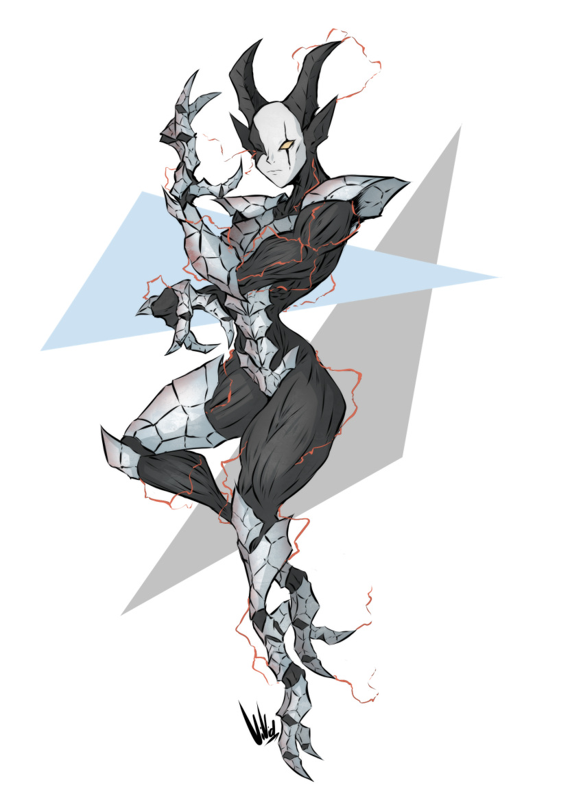 1boy, absurdres, armor, closed_mouth, demon_horns, dullvivid, exposed_muscle, fingernails